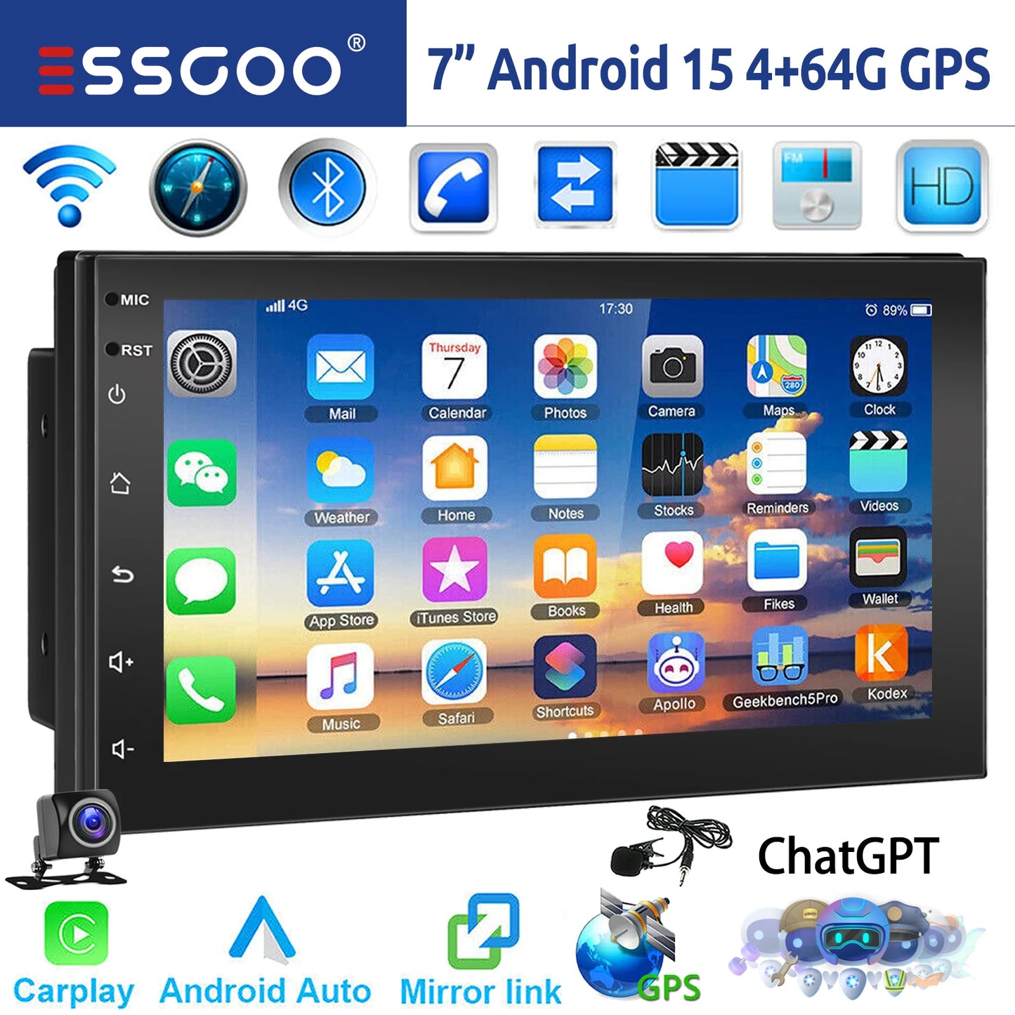 ESSGOO 7"/9"/10“ 2 DIN Android 14 4+64G Car Stereo Carplay Android Auto GPS Navi Bluetooth FM RDS Radio WIFI Touchscreen ChatGPT