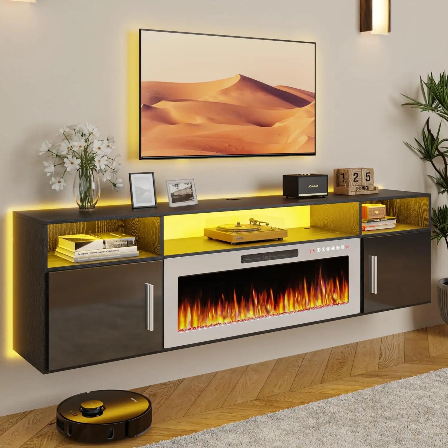 70" Floating TV Stand with 36" Electric Fireplace, High Gloss Finish Wall Mounted Electric Fireplace TV Stand with Storag
