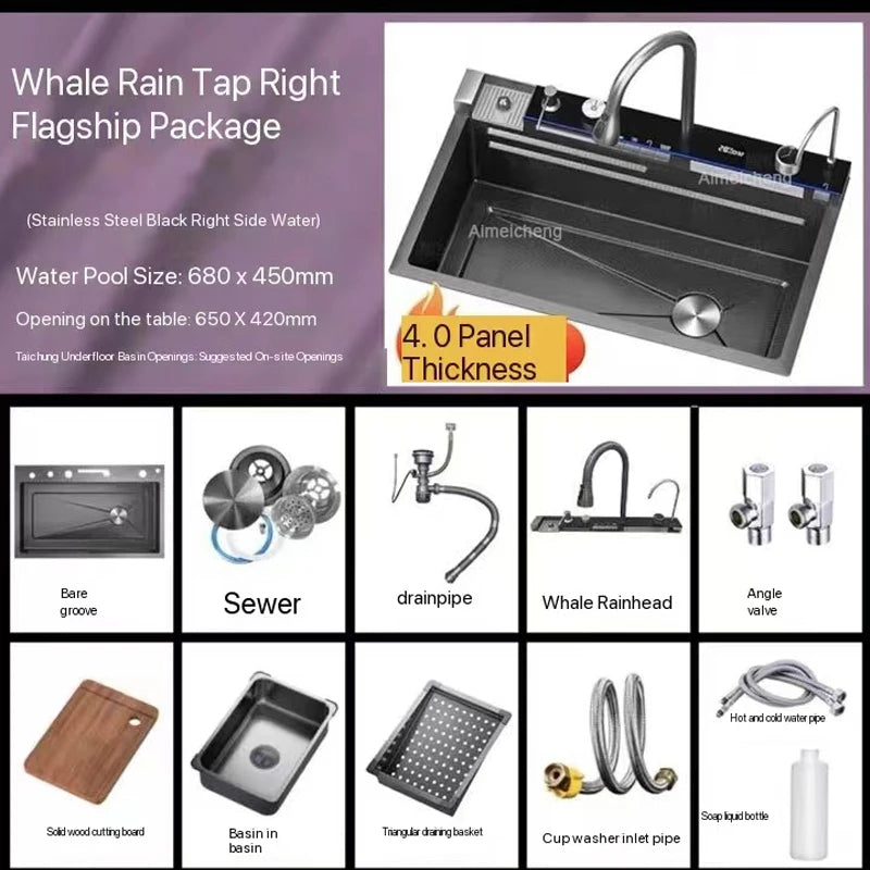 2025 Tiktok Newest Design 30 Inch Waterfall Faucet Black Bionic Honeycomb 304 Stainless Steel Big Single Bowl Kitchen Sink