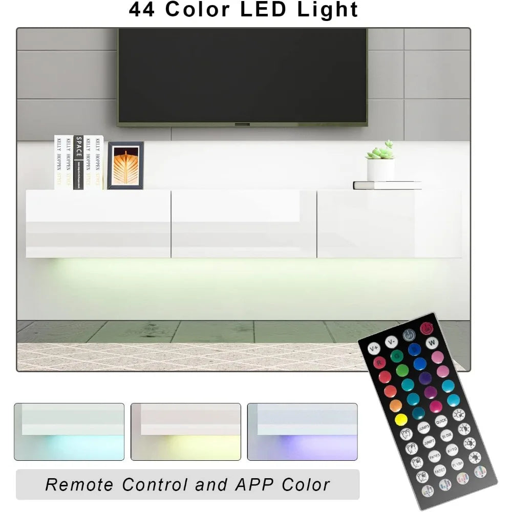 Floating LED TV Stand for TVs up to 70", Wall Mounted Wood Media Console with Glossy Surface & LED Lights, Modern Entertainment