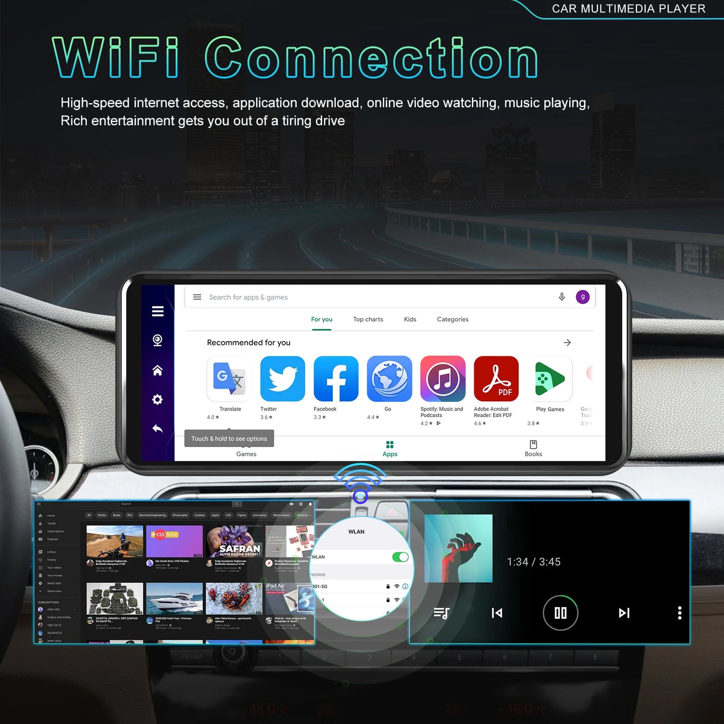 Podofo 4+64G Android 13 Car Monitor Wireless Carplay Android Auto 10.26'' Dashboard Dash Cam GPS WIFI Front Camera Smart Player