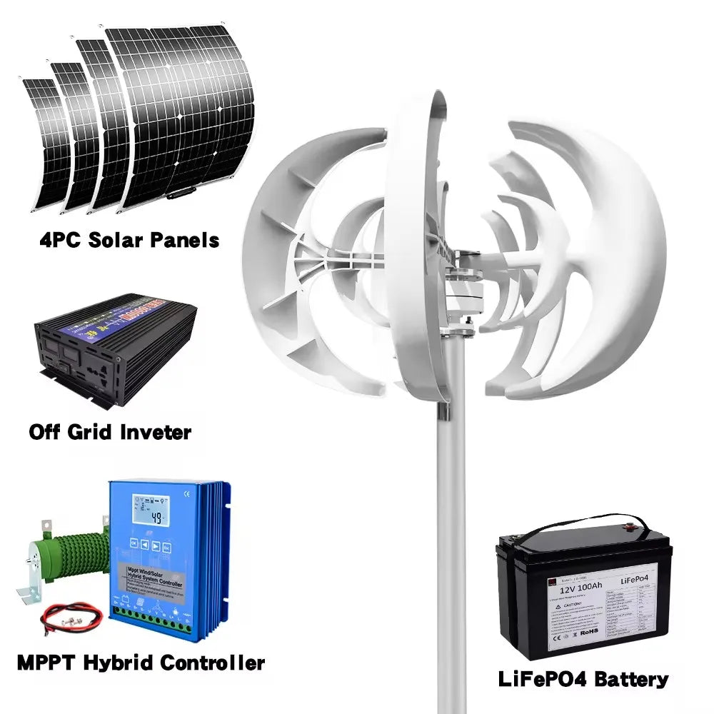 5000W 48V Vertical Axis Wind Turbine Windmill Energy Charging Home Camping With Solar Lithium Battery System