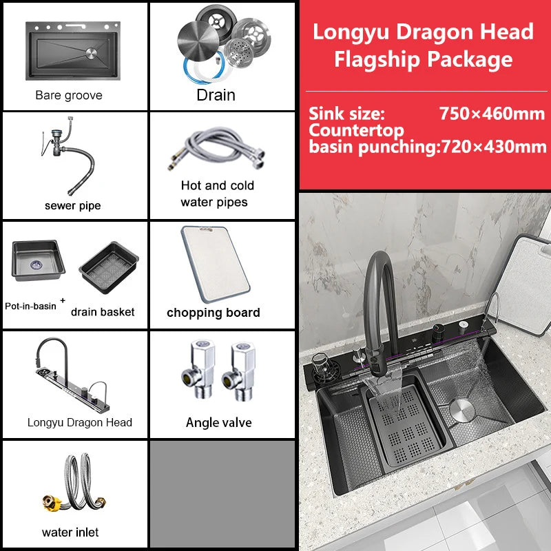 Stainless Steel Waterfall Kitchen Sink Large Single Slot With Digital Display Faucet Apartment Multifunctional Wash Basin