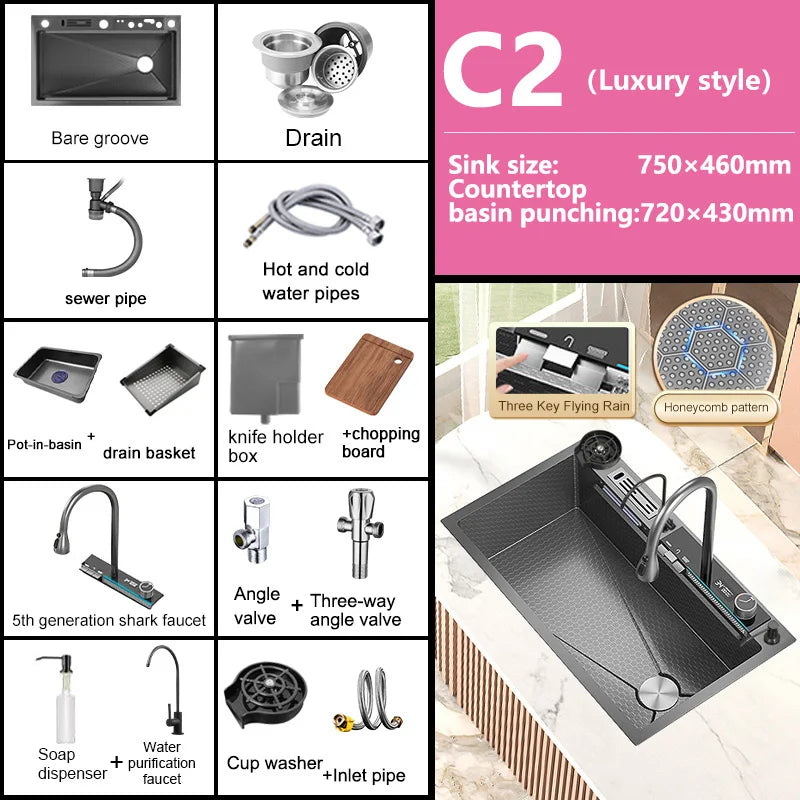 Stainless Steel Waterfall Kitchen Sink Large Single Slot With Digital Display Faucet Apartment Multifunctional Wash Basin