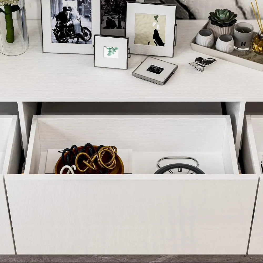 modern white high gloss wall-mounted tv stand with led lighting for 70" tvs, sleek entertainment center for living room