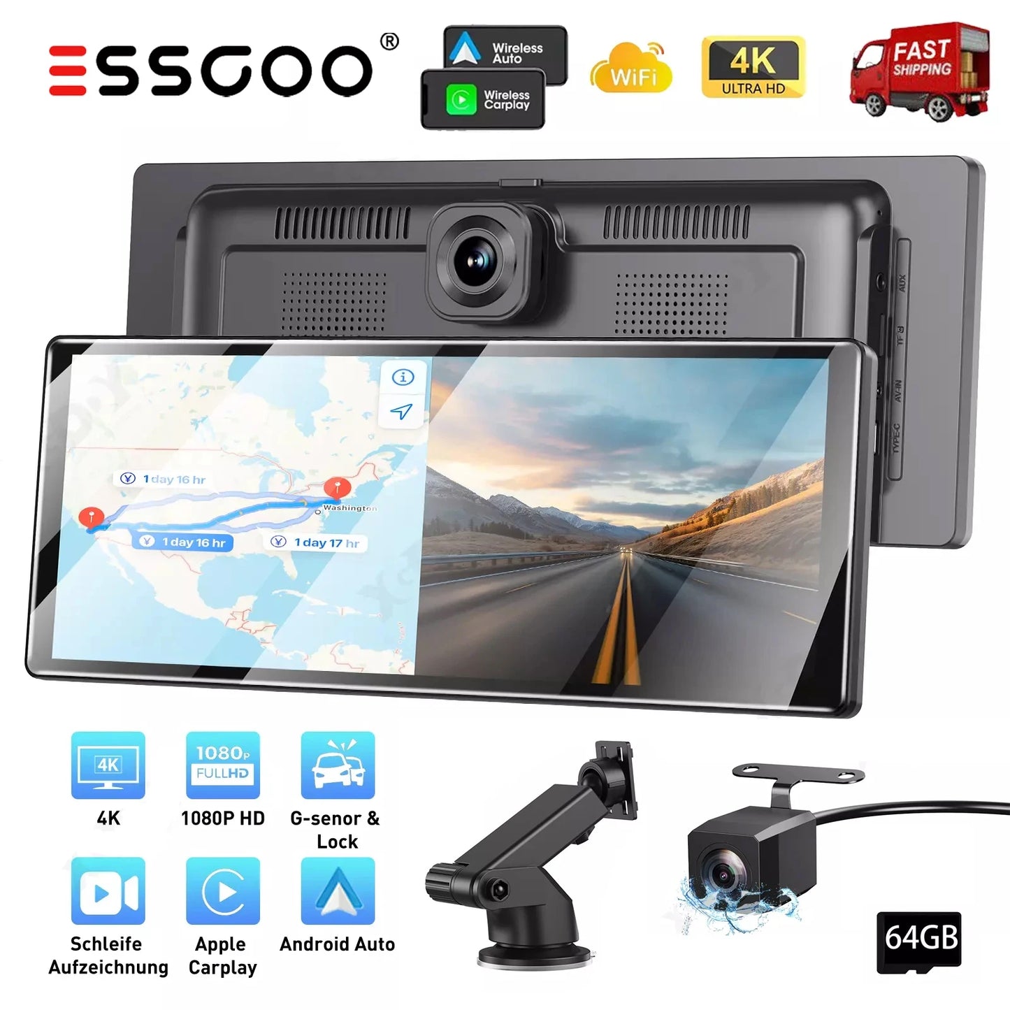 4K+1080P 11.3Inch Touch Dash Cam Car Stereo Wireless Apple Carplay Android Auto DVR GPS WIFI AUX BT FM  Dual-Lens Video Recorder