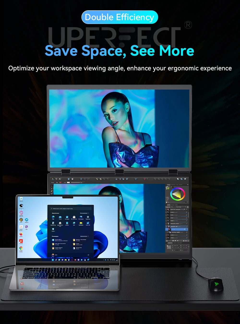 UPERFECT Triple Screen 15.6"/18.5“ Portable Foldable Monitor Dual Screen with Stand Extender 1080P FHD IPS for Laptop Windows
