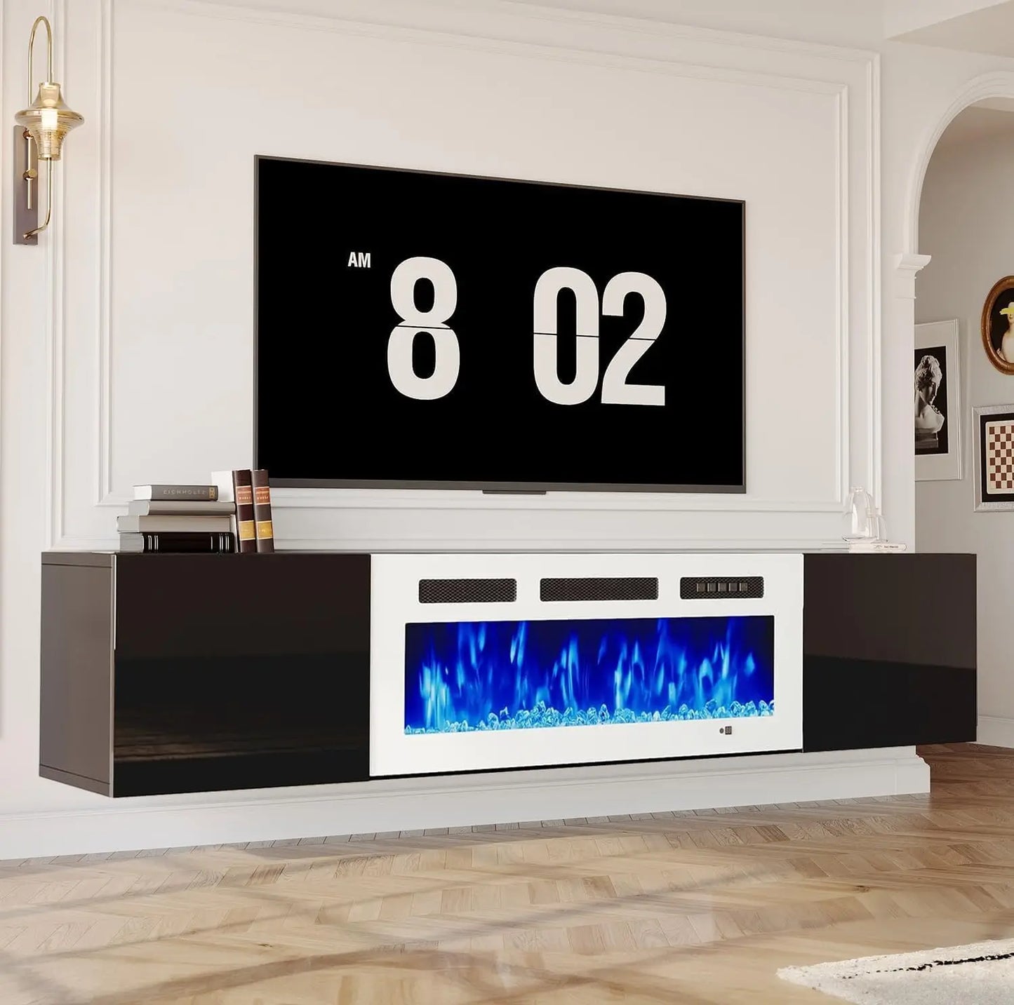70'' Floating TV Stand with 36"Electric Fireplace, Entertainment Center Wall Mounted,Modern Wood Media TV Console with Fireplace