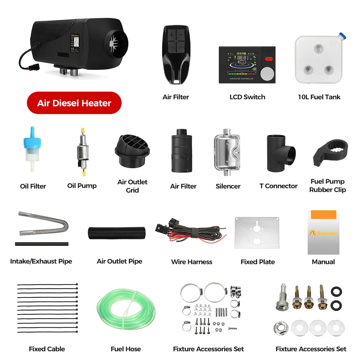 Sunster 12V 24V 8KW Diesel Air Heater Parking Heater Low noise Night Heater with LCD&Bluetooth APP Control For RV Car Truck Home
