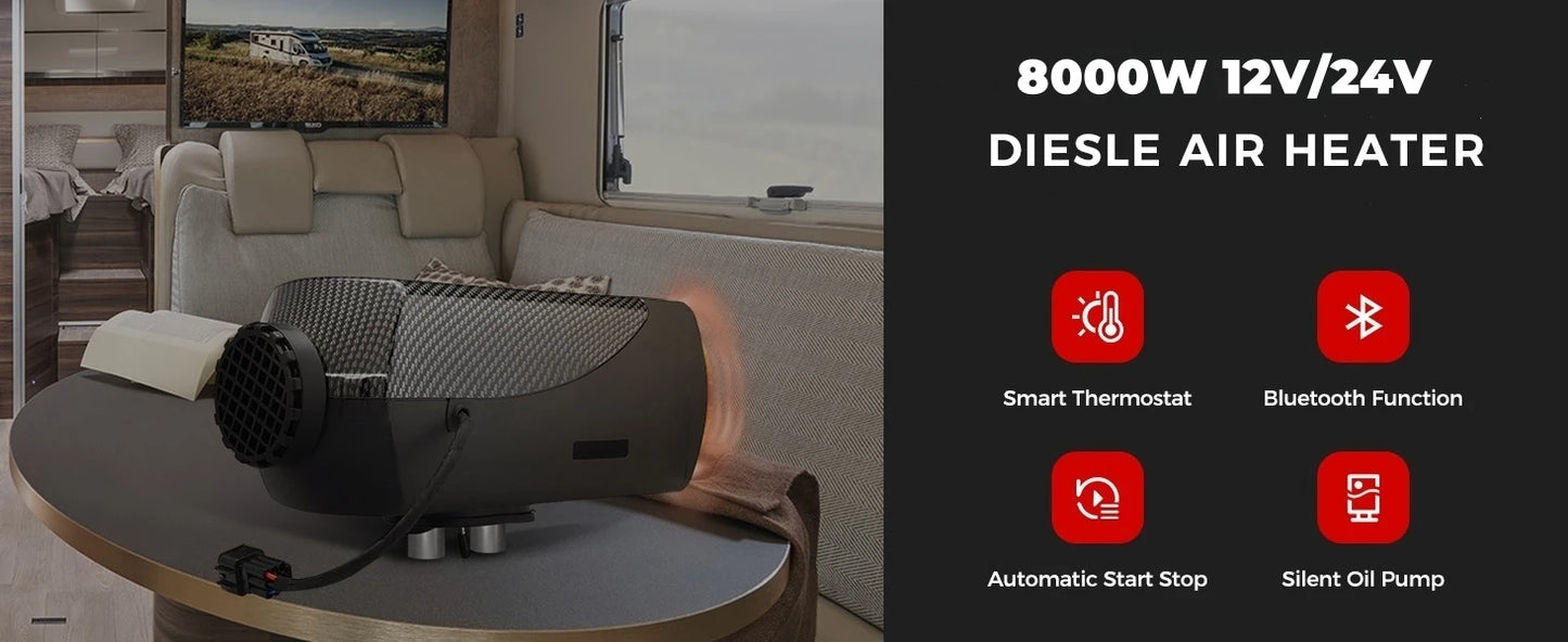 Sunster 12V 24V 8KW Diesel Air Heater Parking Heater Low noise Night Heater with LCD&Bluetooth APP Control For RV Car Truck Home