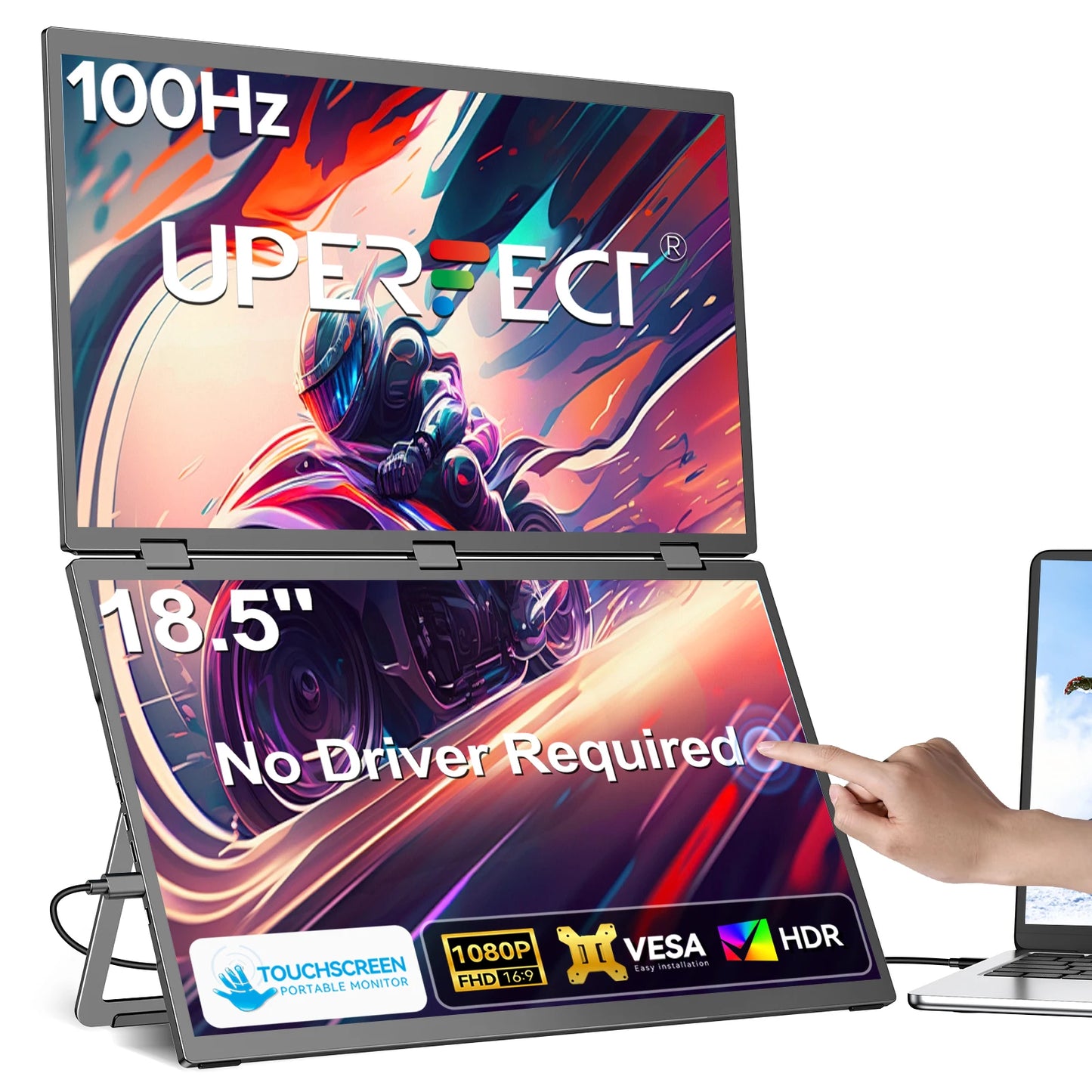 UPERFECT Delta Max Touch 18.5'' 100Hz 1080P Dual Touchscreen Portable Monitor with USB-C HDMI Foldable Laptop PC Gaming Display