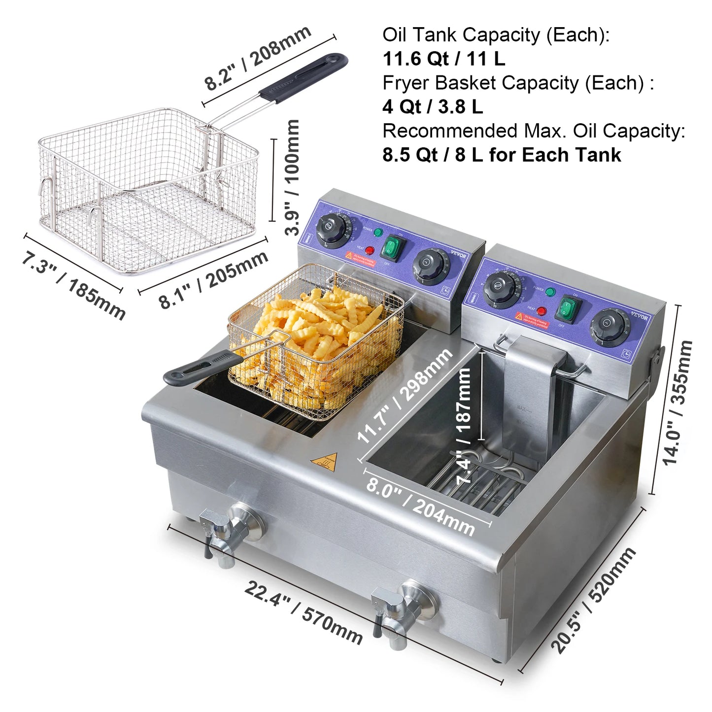 SucceBuy  12L Electric Deep Fryer w/Dual Removable Tanks Commercial Countertop  Fryer for Chicken French Fries Frying Chips