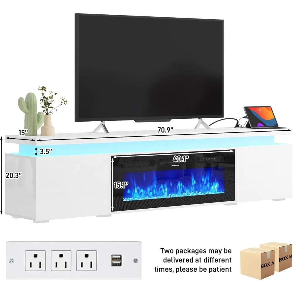 71Inch LED TV Stand with 40In Fireplace for 80Inch TV, Modern Fireplace TV Stand with Power Outlet, High Gloss TV Console Entert