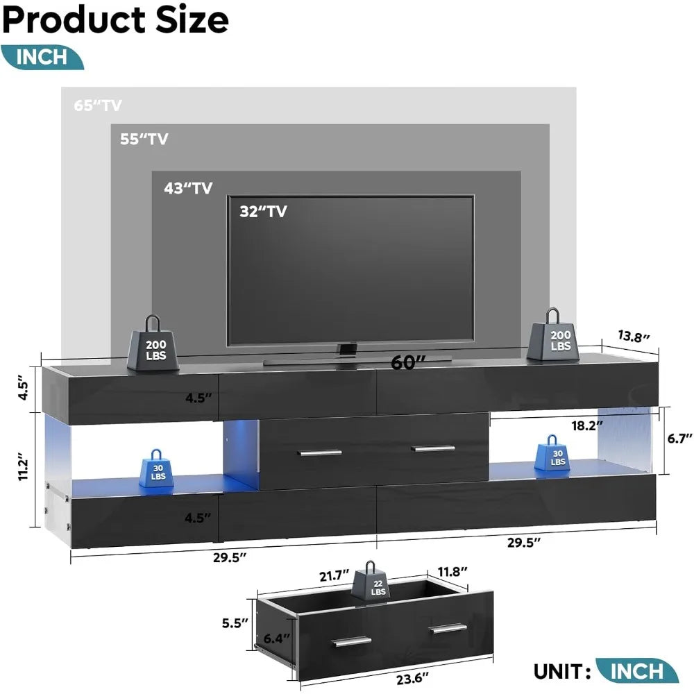 TV Stand for 55/60/65 Inch TV, High Gloss Modern TV Stand with Stone-Patterned Side Panels, LED Entertainment Center
