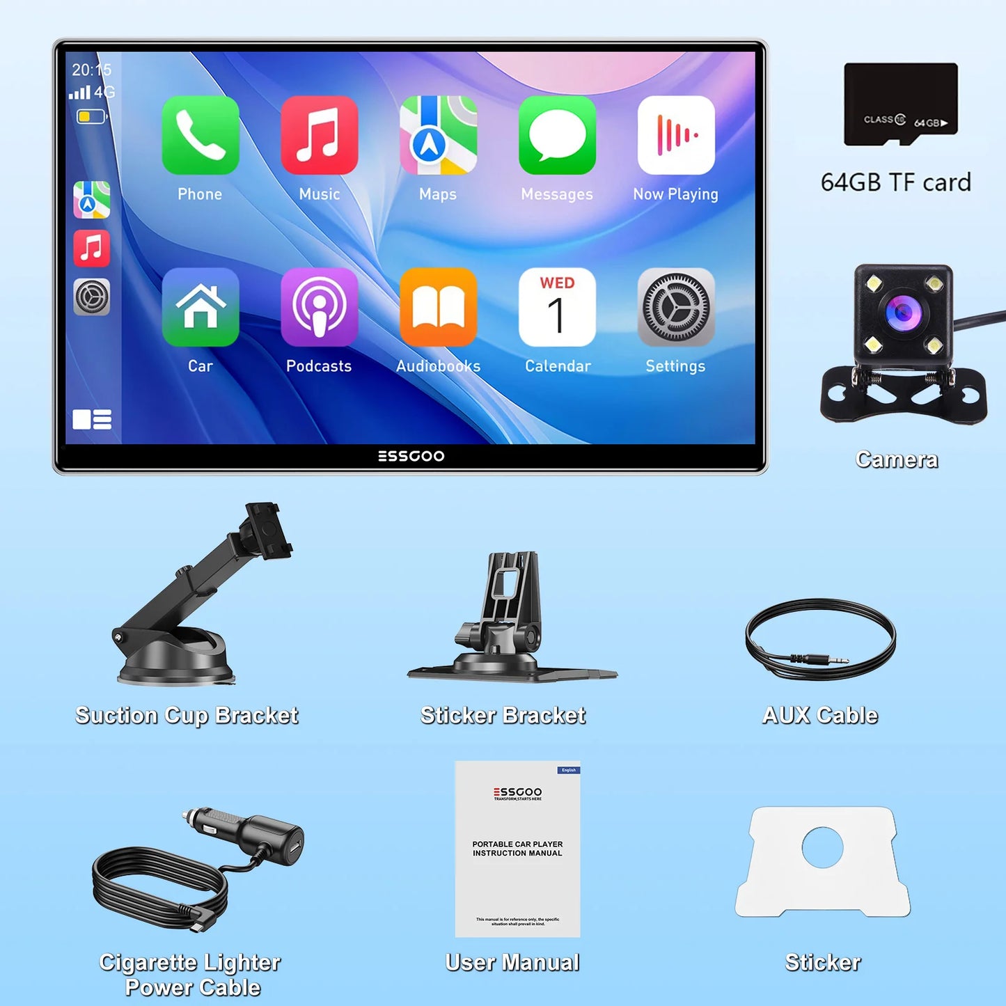 ESSGOO 9 Inch Touch Screen Portable Car Stereo Radio Wireless Apple Carplay Android Auto USB TF Bluetooth Mirror Link