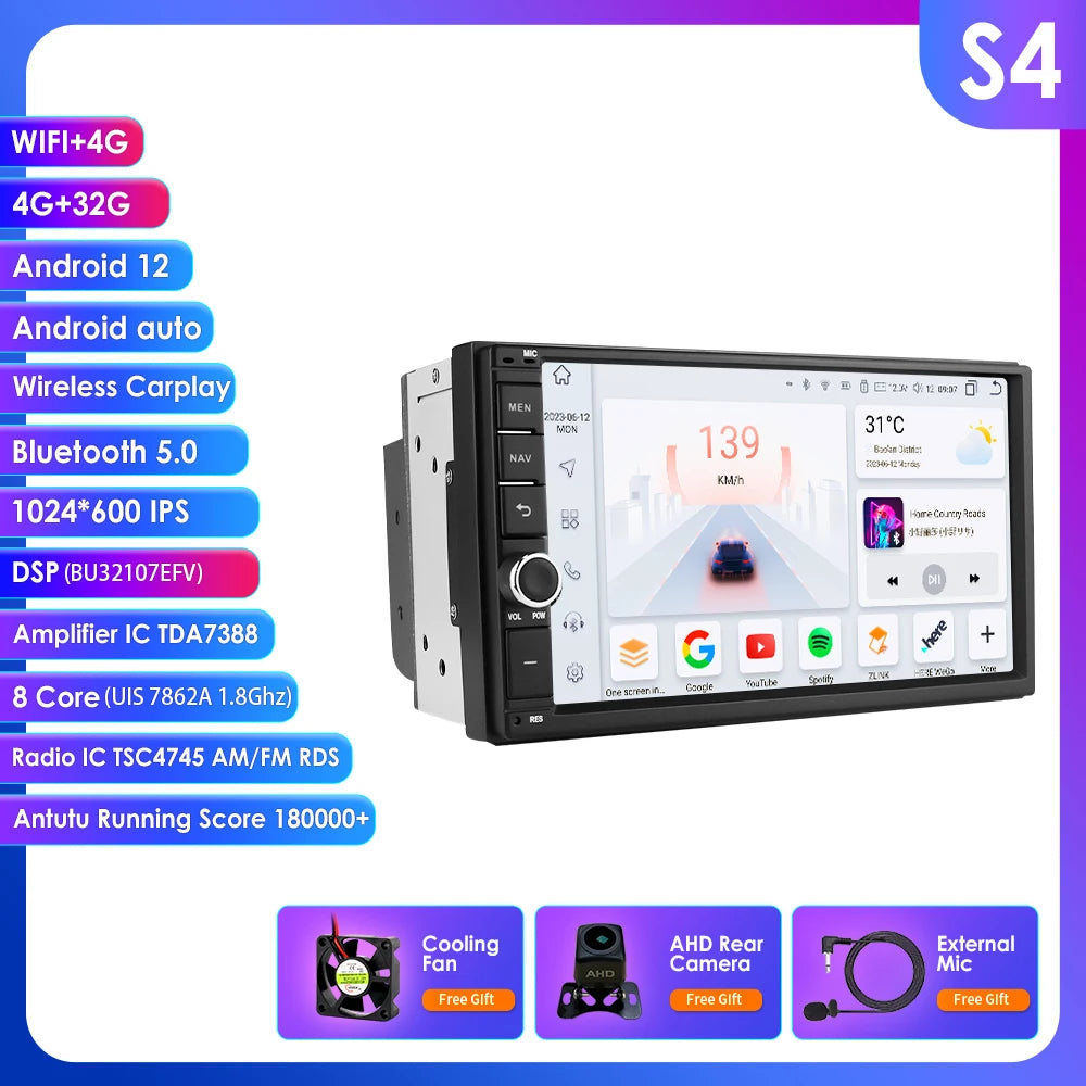 Latest Android 14 Octa Core 4G RAM 64G ROM DSP Universal Double 2 Din Car Radio Multimedia Player GPS Navigator Autoradio RDS FM