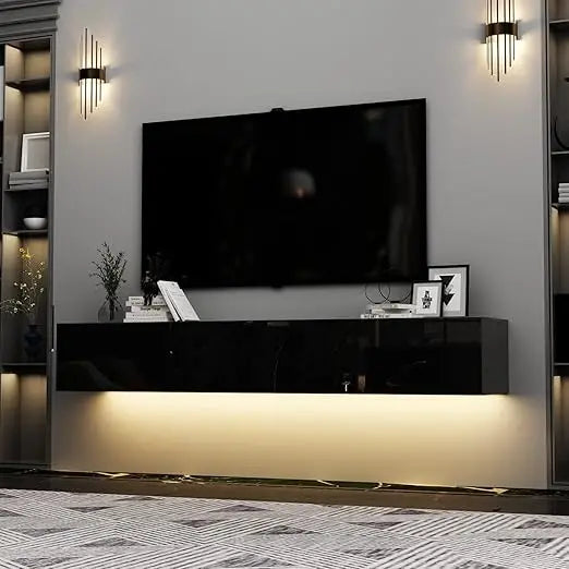 Floating LED TV Stand for TVs up to 70", Wall Mounted Wood Media Console with Glossy Surface & LED Lights, Modern Entertainment