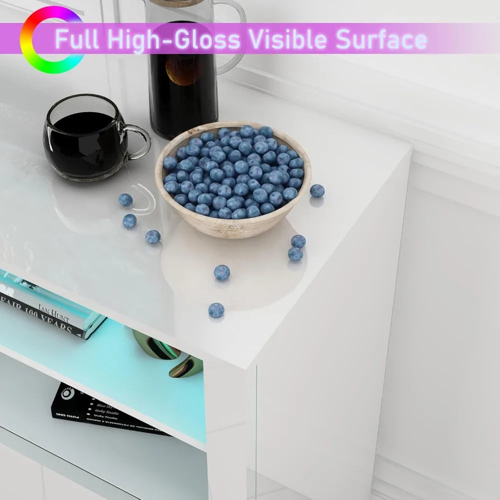 32'' Tall White TV Stand for 65/75/80/85 Inch TVs with RGB LED Lights,Modern High Gloss Entertainment Center Cabinet Stands with