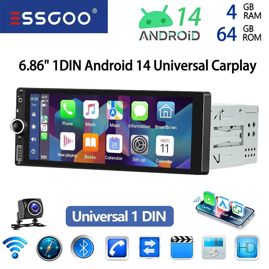 ESSGOO 6.86" Android 14 1 DIN 4+64G Car Stereo Radio Carplay Android Auto 1DIN GPS NAV Wifi BT RDS WIFI BT USB Type-C Universal