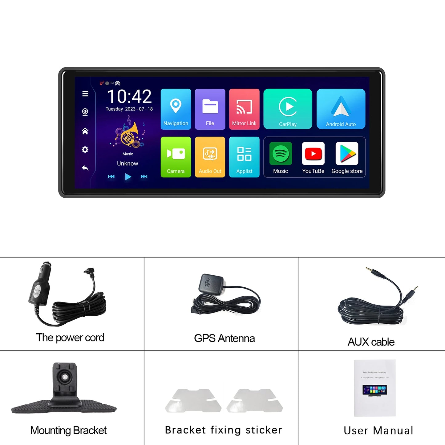 Podofo 4+64G Android 13 Car Monitor Wireless Carplay Android Auto 10.26'' Dashboard Dash Cam GPS WIFI Front Camera Smart Player