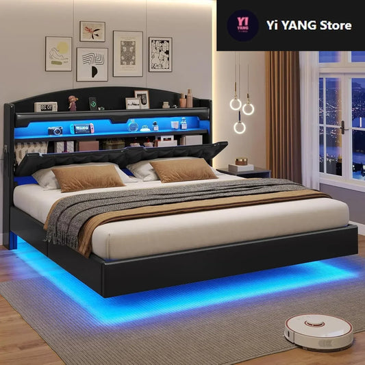 Floating Bed Frame King Size with Type-C Charging Station& Hidden Storage Headboard, King RGB Floating Platform Bed
