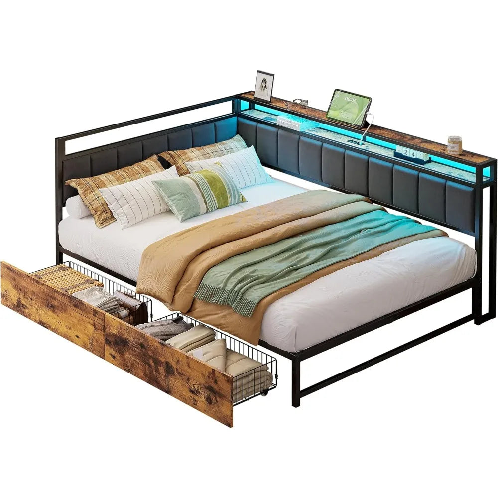 LED Twin Size Bed Frame with Storage Drawers, Metal Platform Beds Frames Charging Station & Fabric Upholstered Fence, Bed Frame