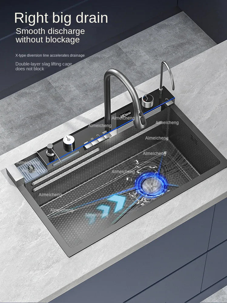 2025 Tiktok Newest Design 30 Inch Waterfall Faucet Black Bionic Honeycomb 304 Stainless Steel Big Single Bowl Kitchen Sink