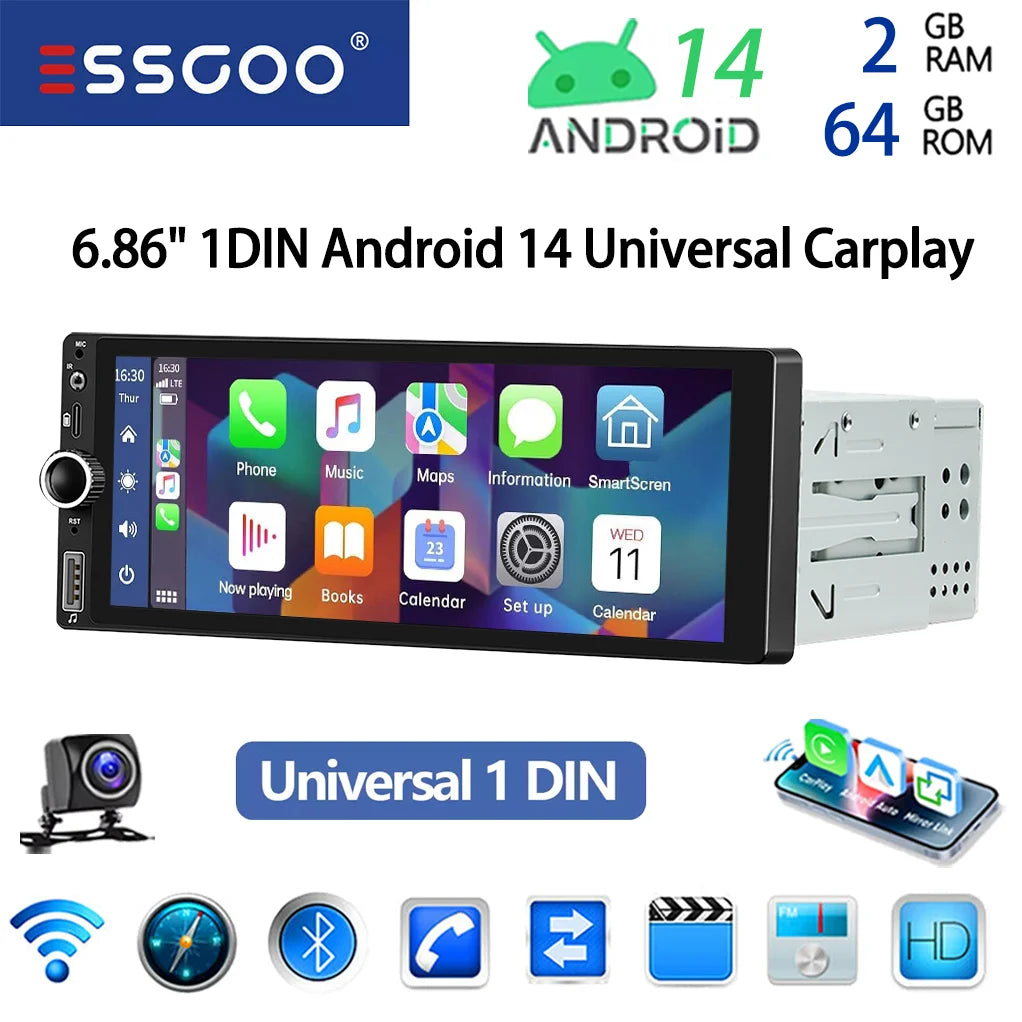 ESSGOO 6.86" Android 14 1 DIN 4+64G Car Stereo Radio Carplay Android Auto 1DIN GPS NAV Wifi BT RDS WIFI BT USB Type-C Universal