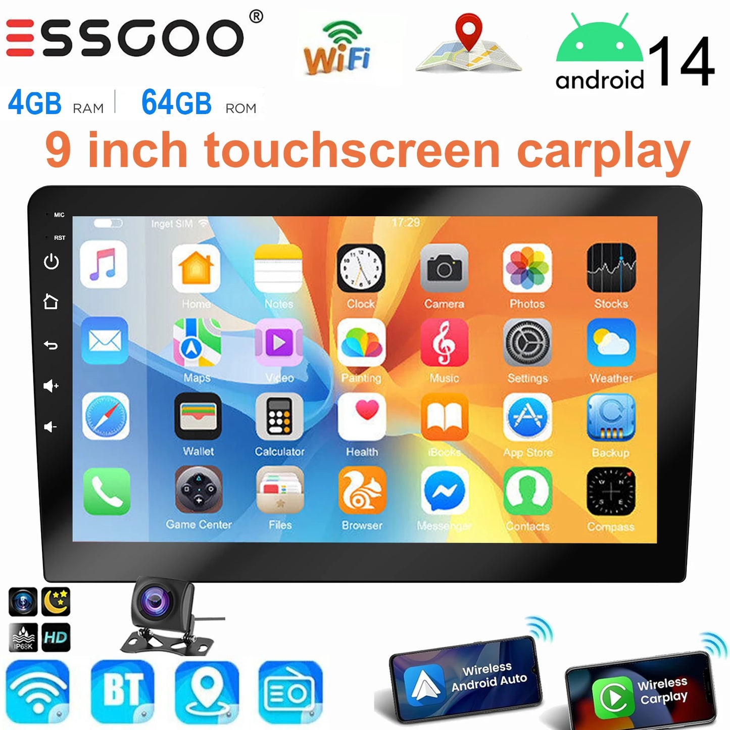 ESSGOO 9 Inch touchscreen 2 DIN Car stereo radio Android 14 Wireless Carplay Android auto play  GPS Navi WiFi FM RDS SWC BT USB