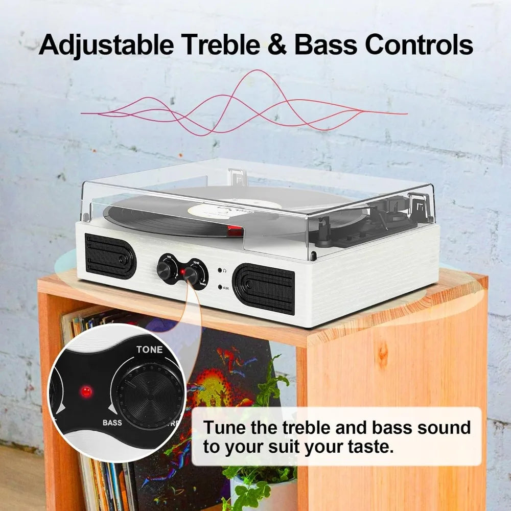 Portable Vinyl Record Player with Built-in Stereo & Bass Adjust, 3-Speed Belt-Driven, Bluetooth, RCA Out, AUX In, Headphone Jack