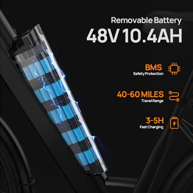 Peak 750W E26 Electric Bike 26x2" Commuter Tires 48V 10.4Ah Removable Battery 20MPH Speed 7-Speeds LCD Display