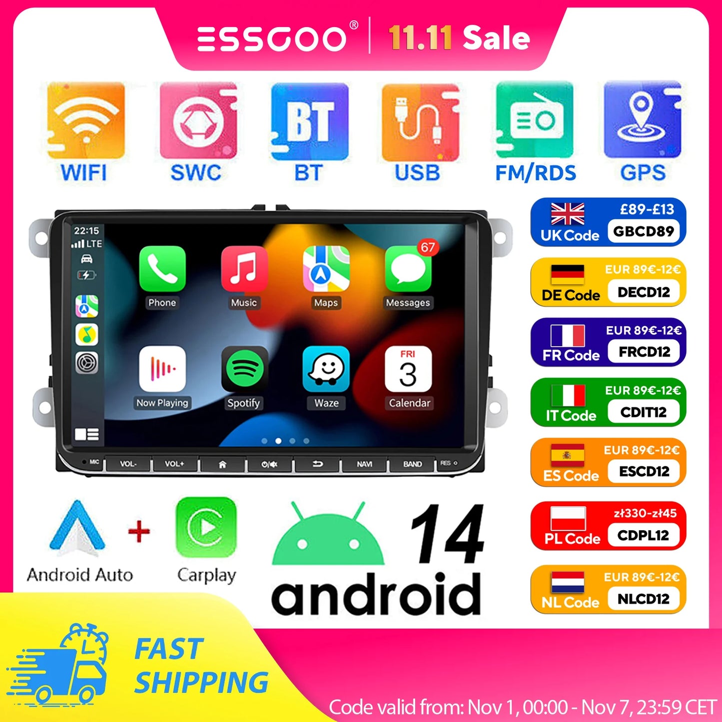 9" Android 14 4G+64G Wireless Carplay Car Stereo GPS NAVI WIFI RDS FM BT EQ for VW Golf 5 6 Passat Polo Touran Tiguan Caddy EOS