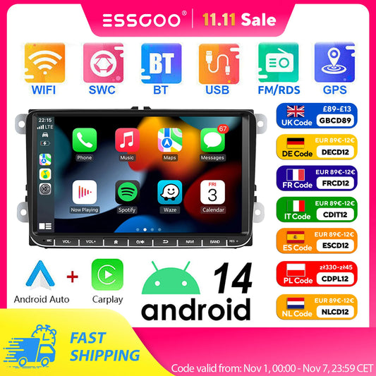9" Android 14 4G+64G Wireless Carplay Car Stereo GPS NAVI WIFI RDS FM BT EQ for VW Golf 5 6 Passat Polo Touran Tiguan Caddy EOS