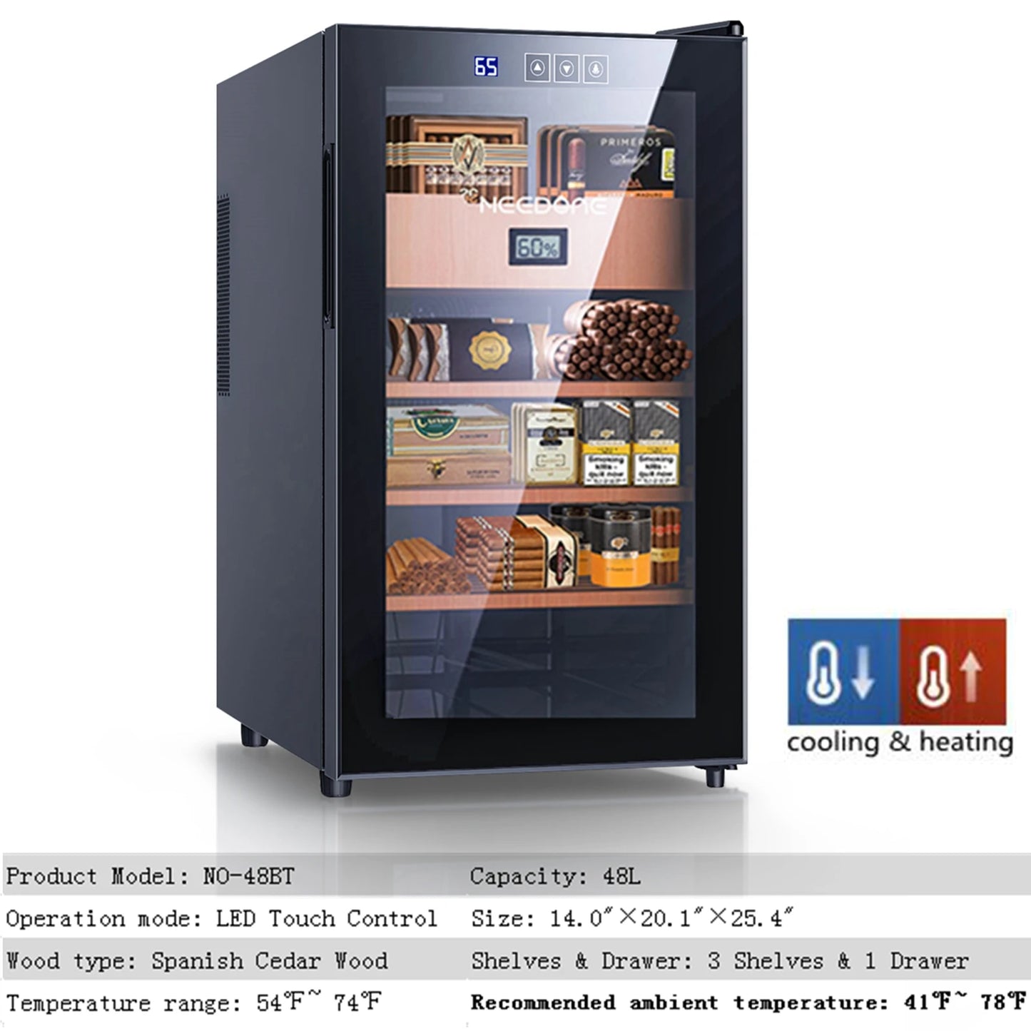 NEEDONE 48L Capacity Cigar Humidor with Heating & Cooling Temperature Control System Quiet Thermostatic Electric Cabinet Cooler
