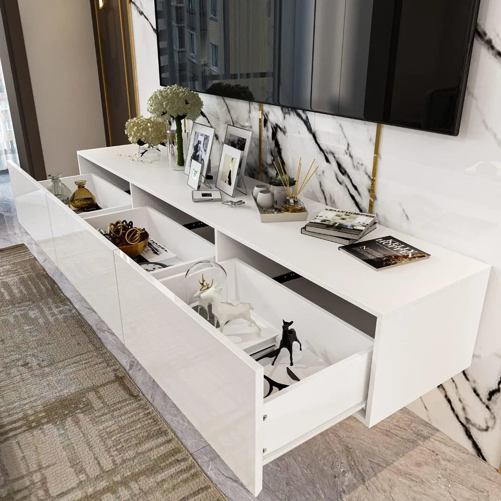 modern white high gloss wall-mounted tv stand with led lighting for 70" tvs, sleek entertainment center for living room
