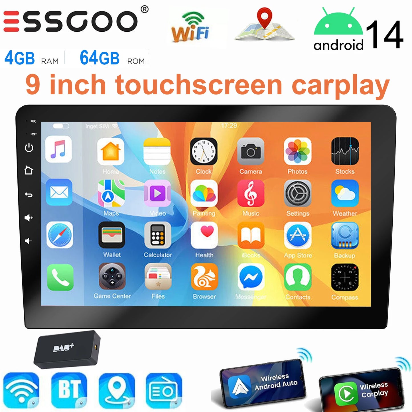 ESSGOO 9 Inch touchscreen 2 DIN Car stereo radio Android 14 Wireless Carplay Android auto play  GPS Navi WiFi FM RDS SWC BT USB