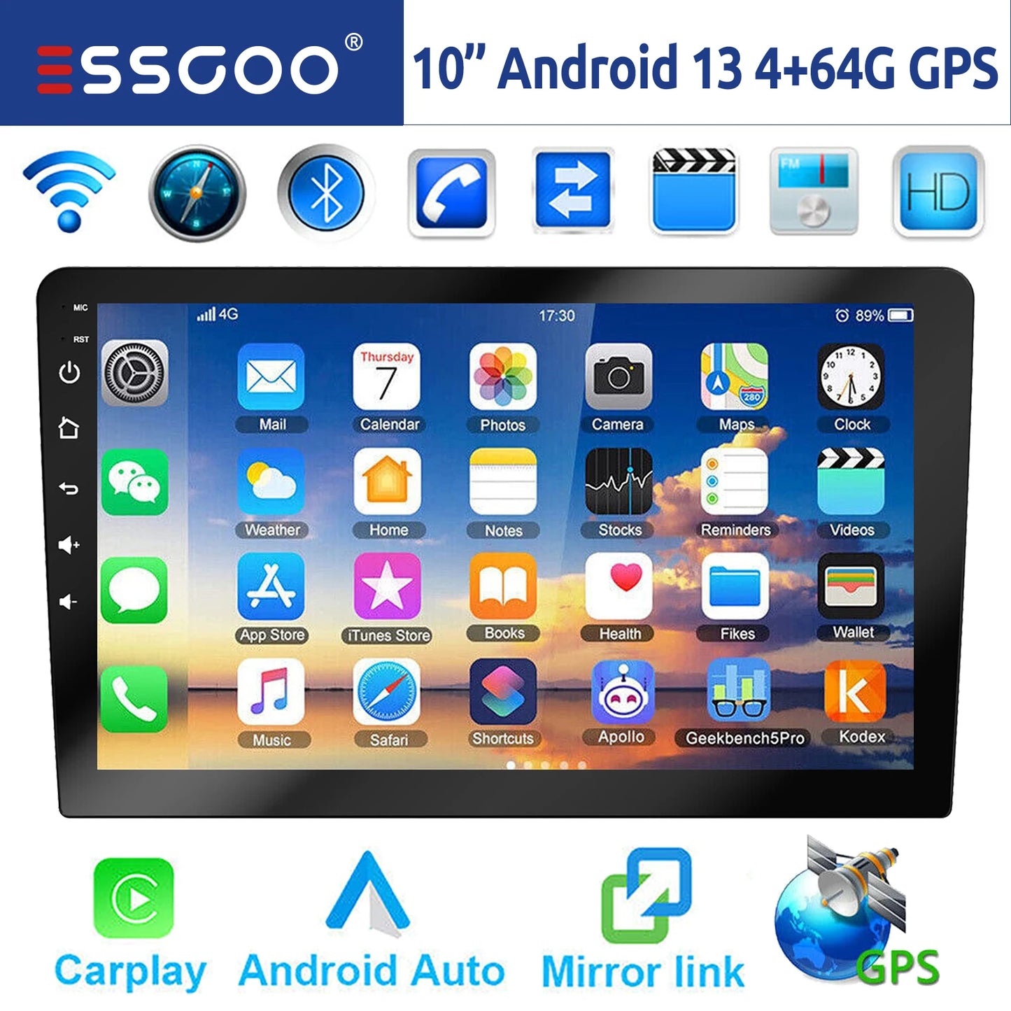 ESSGOO 7"/9"/10“ 2 DIN Android 14 4+64G Car Stereo Carplay Android Auto GPS Navi Bluetooth FM RDS Radio WIFI Touchscreen ChatGPT
