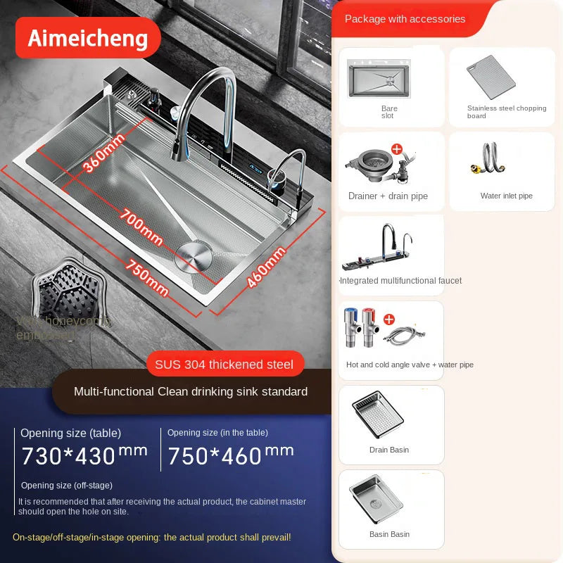 2025 Tiktok Newest Design 30 Inch Waterfall Faucet Black Bionic Honeycomb 304 Stainless Steel Big Single Bowl Kitchen Sink