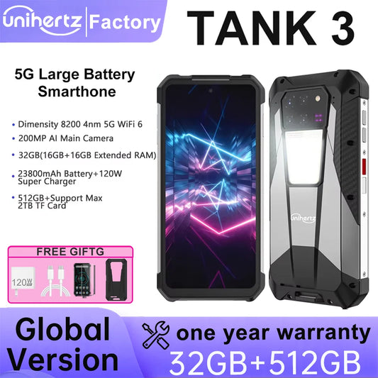 Unihertz Tank 3 8849 Android 13 Smartphone Rugged 23800mAh 32GB 512GB 200MP 5G Mobile Phone Waterproof 120W Night Vision Phones