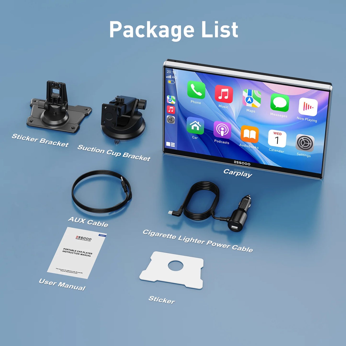 ESSGOO 9 Inch Touch Screen Portable Car Stereo Radio Wireless Apple Carplay Android Auto USB TF Bluetooth Mirror Link