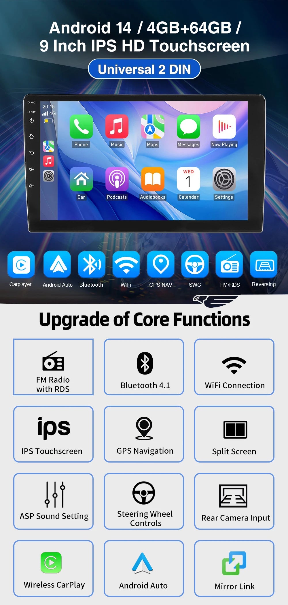 ESSGOO 7"/9"/10“ 2 DIN Android 14 4+64G Car Stereo Carplay Android Auto GPS Navi Bluetooth FM RDS Radio WIFI Touchscreen ChatGPT