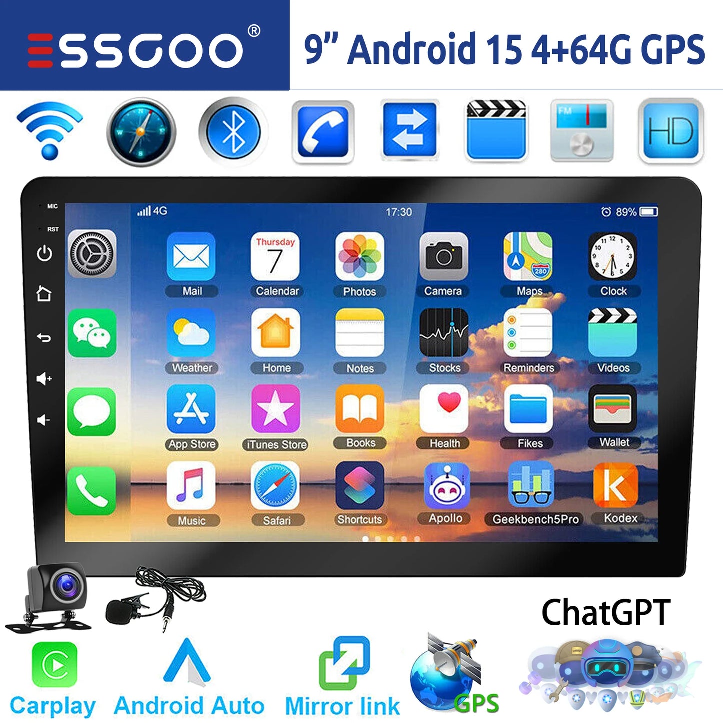 ESSGOO 7"/9"/10“ 2 DIN Android 14 4+64G Car Stereo Carplay Android Auto GPS Navi Bluetooth FM RDS Radio WIFI Touchscreen ChatGPT
