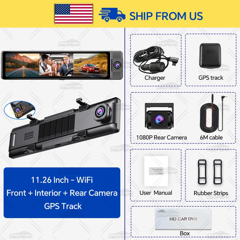 11.26 Inch 3 Camera 4K+1080P+1080P Video Recording Wifi Rearview Mirror Car DVRs Touch Screen Infrared Night Vision Car Dash Cam