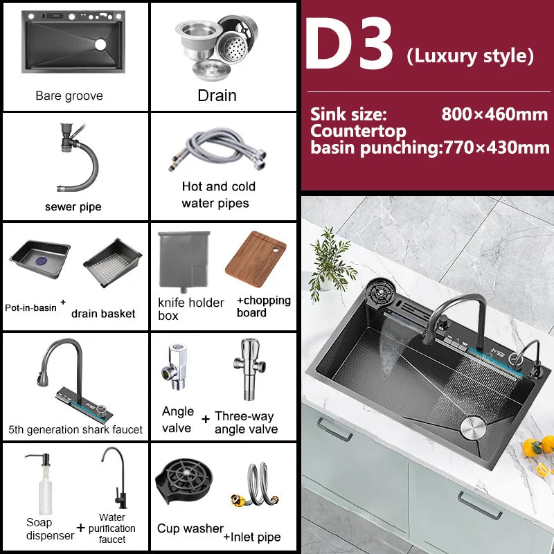 Stainless Steel Waterfall Kitchen Sink Large Single Slot With Digital Display Faucet Apartment Multifunctional Wash Basin