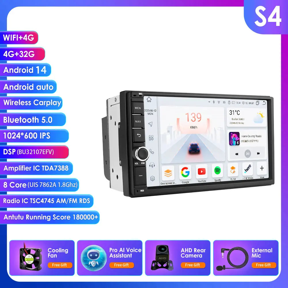Latest Android 14 Octa Core 4G RAM 64G ROM DSP Universal Double 2 Din Car Radio Multimedia Player GPS Navigator Autoradio RDS FM