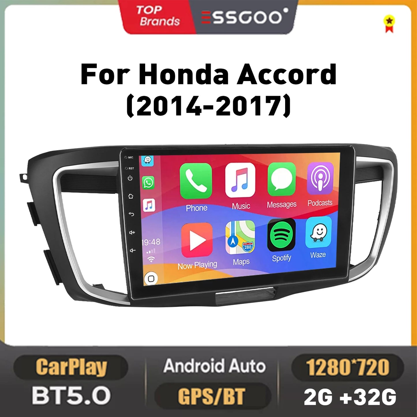 2+32G Apple Carplay For Honda Accord 2014-2017 Android 14 10" Car Stereo GPS Navigation Bluetooth FM/RDS Radio IPS Touch Screen