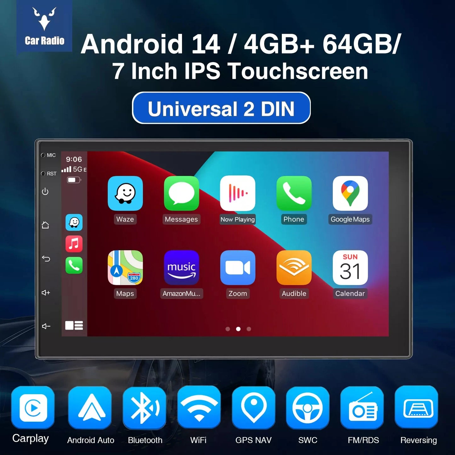 7" Double 2 DIN Android 14 CarPlay Car Stereo Multimedia Video Player GPS Navigation Wifi FM/RDS Bluetooth Multimedia Fit Nissan