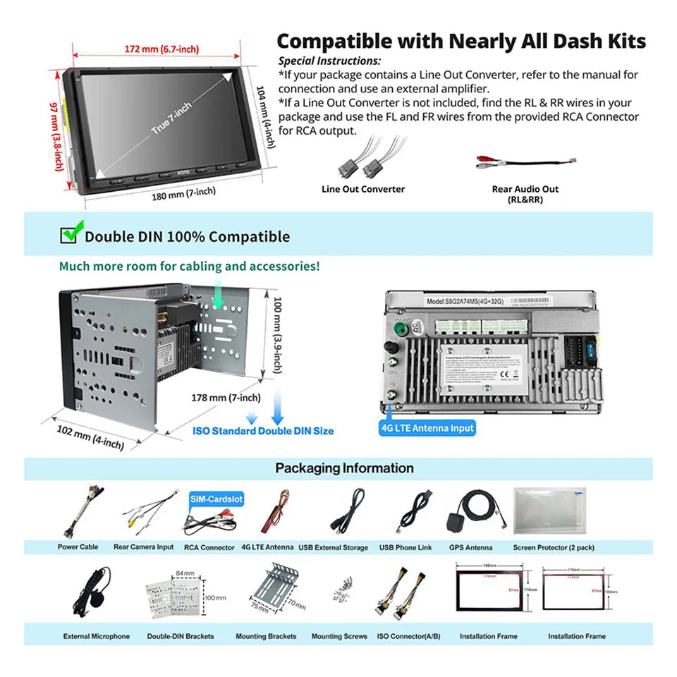 ATOTO 7 inch Double 2 Din Android Car Stereo 4G LTE WIFI GPS Bluetooth Wireless Android Auto CarPlay Screen Car Radio 2Din S8