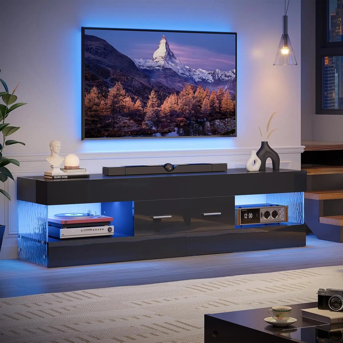 TV Stand for 55/60/65 Inch TV, High Gloss Modern TV Stand with Stone-Patterned Side Panels, LED Entertainment Center