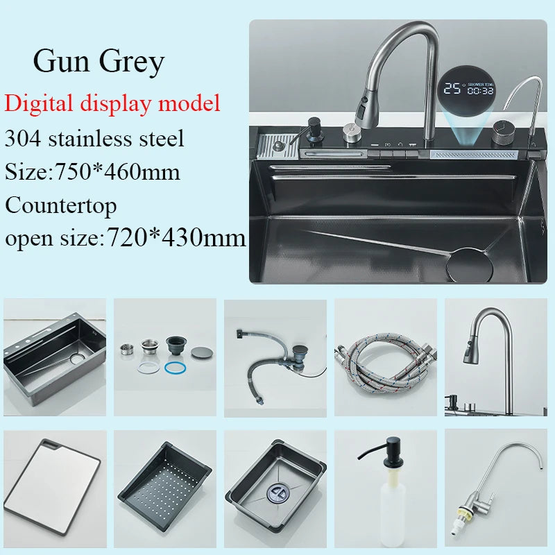 304 Stainless Steel Waterfall Kitchen Sink Large Single Slot Integrated Digital Display Faucet Set Soap Dispenser Cup Washer